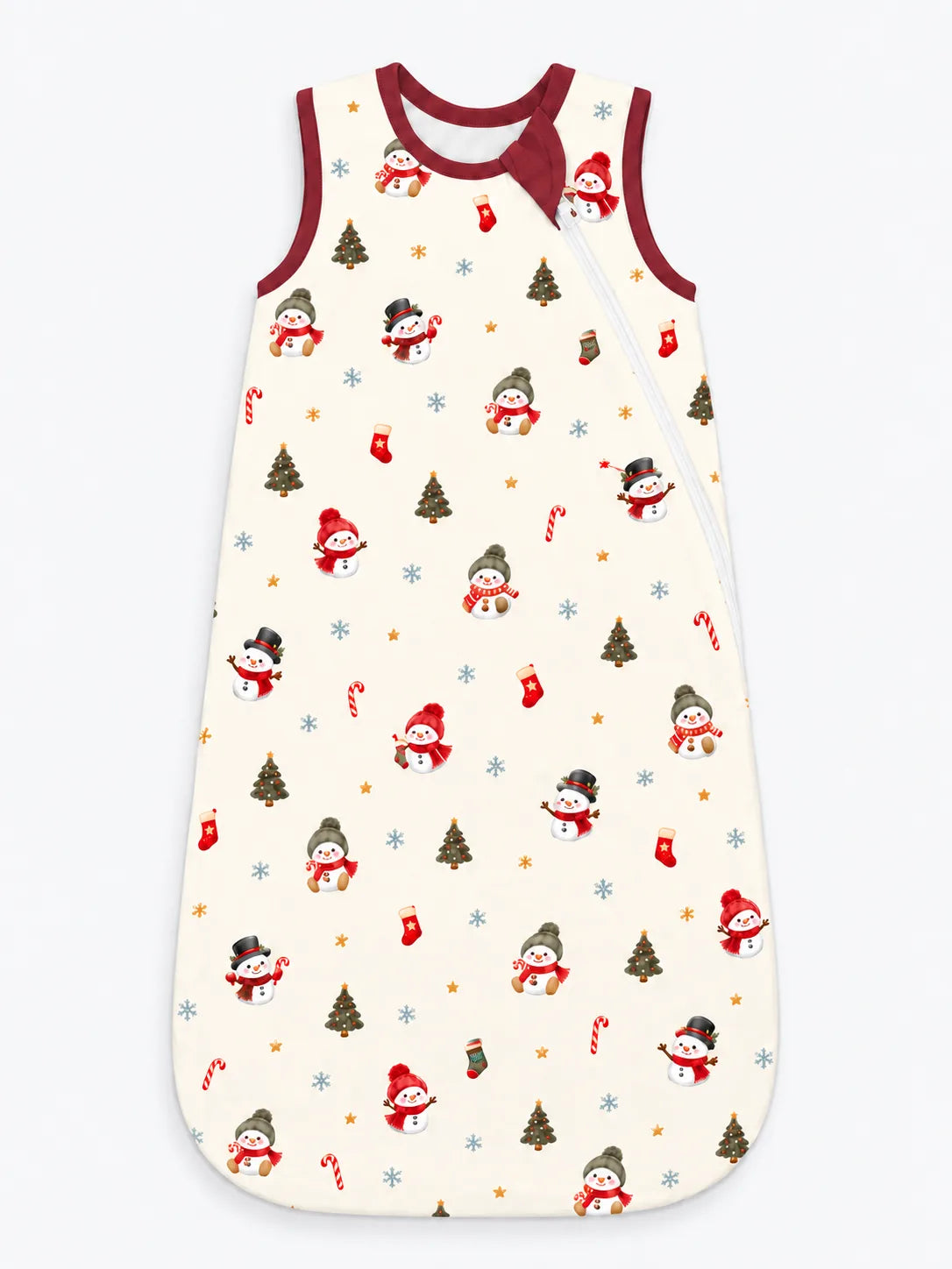 Mossibaby Christmas Snowman ivory cream bamboo sleep bag with cranberry red trim with snowmen, trees and candy canes