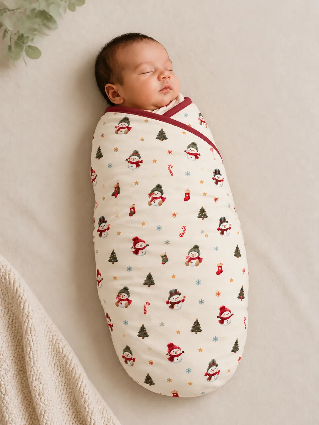 Sleeping newborn swaddled in Mossibaby Christmas Snowman ivory cream bamboo baby blanket with cranberry trim on a grey studio background