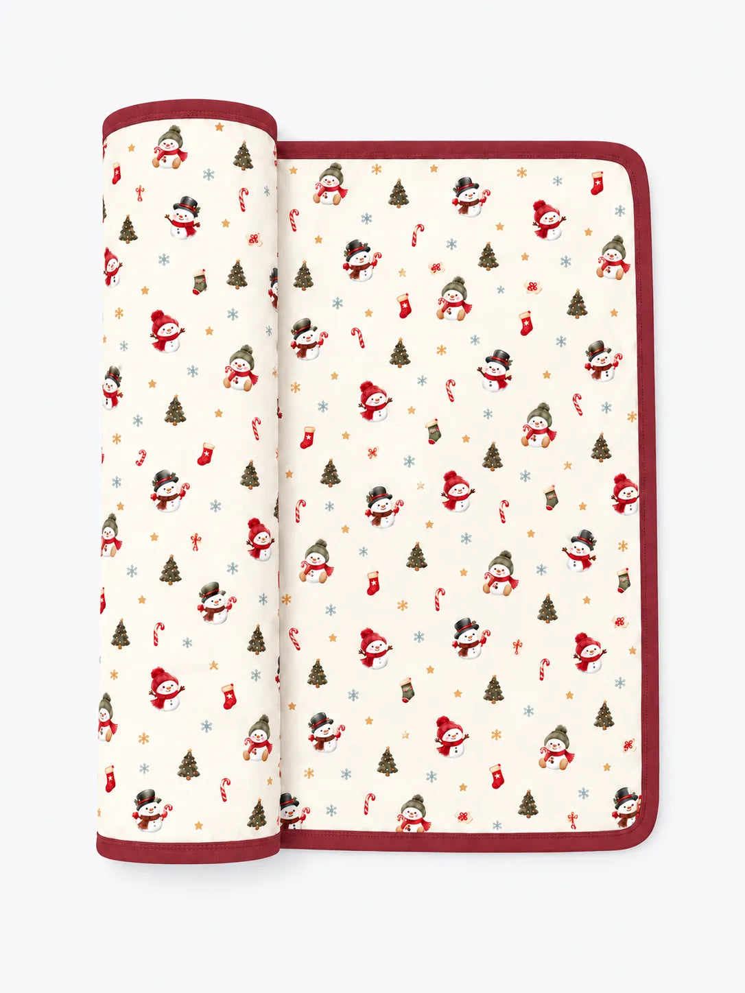 Mossibaby Christmas Snowman ivory cream bamboo baby blanket with cranberry red trim with snowmen, trees and candy canes