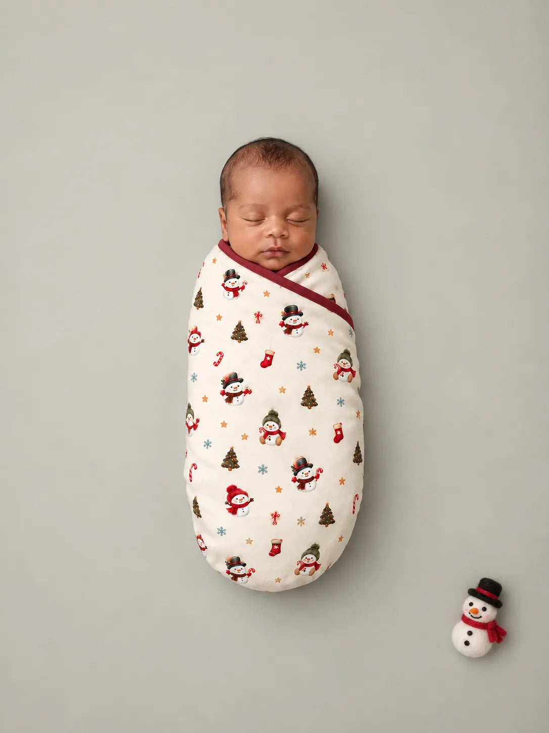 Sleeping newborn swaddled in Mossibaby Christmas Snowman ivory cream bamboo baby blanket with cranberry trim on a cream mat