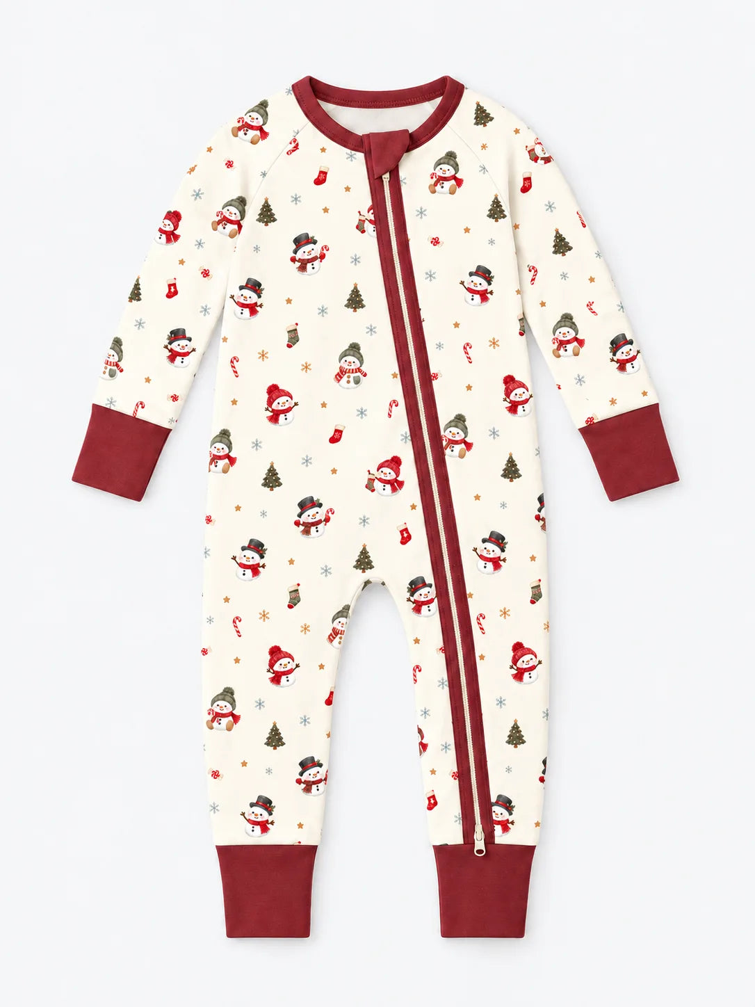 Mossibaby Christmas Snowman ivory cream bamboo zipper romper with cranberry red trim with snowmen, trees and candy canes