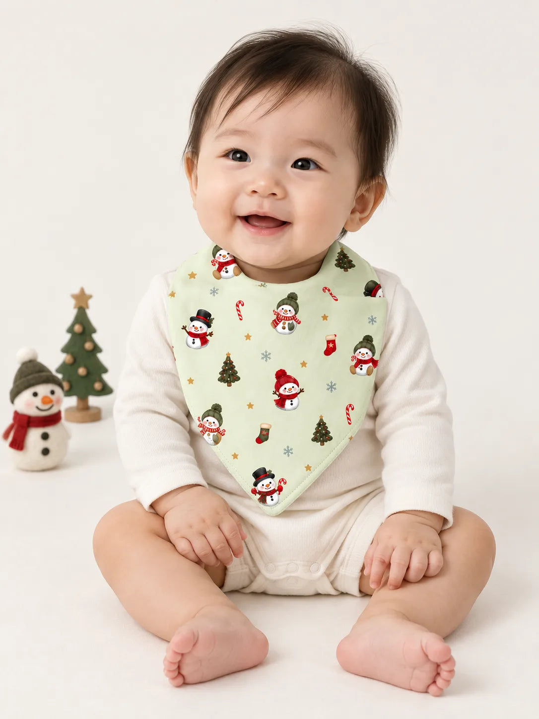 Mossibaby Christmas Snowman pale green bamboo bandana bib with snowmen, trees and candy canes
