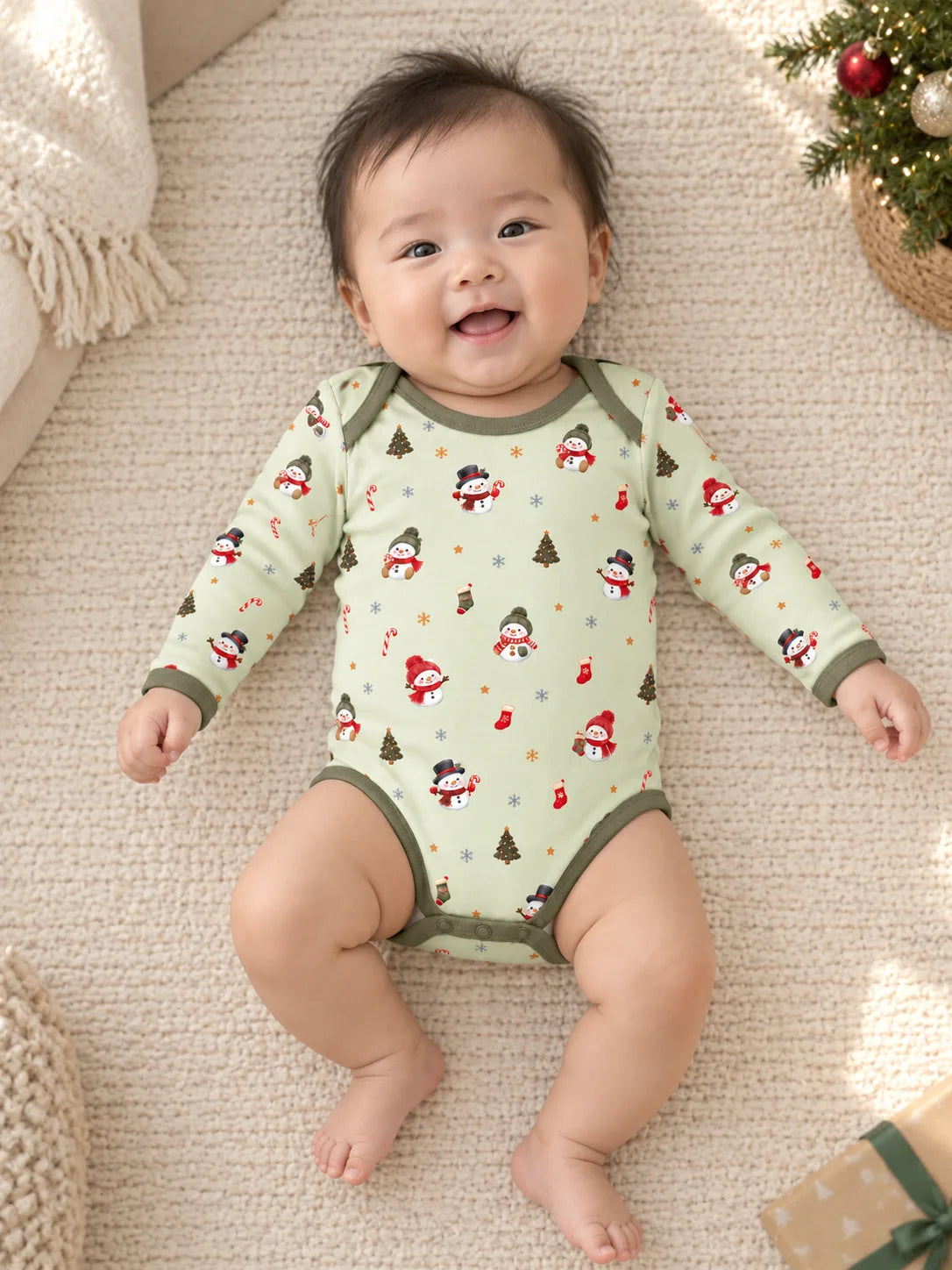 Baby lying on a rug at home wearing Mossibaby Christmas Snowman pale green bamboo long sleeve bodysuit with olive green trim