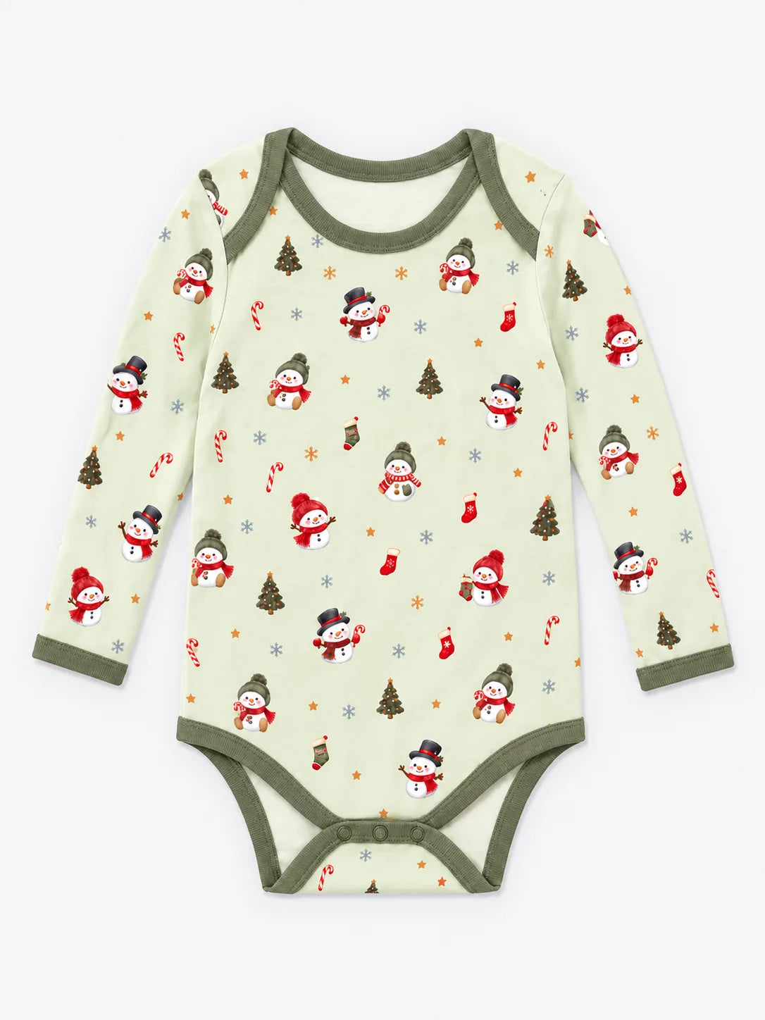 Mossibaby Christmas Snowman pale green bamboo long sleeve bodysuit with olive green trim with snowmen, trees and candy canes