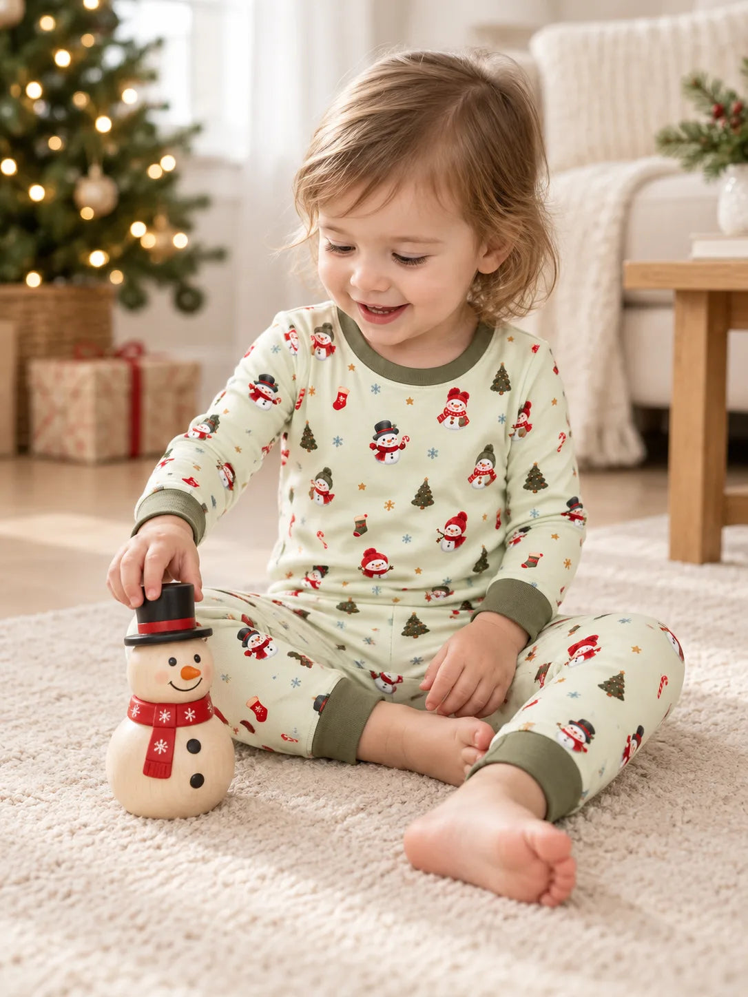 Toddler playing with a wooden snowman at home wearing Mossibaby Christmas Snowman pale green bamboo long sleeve pajama set with olive green trim