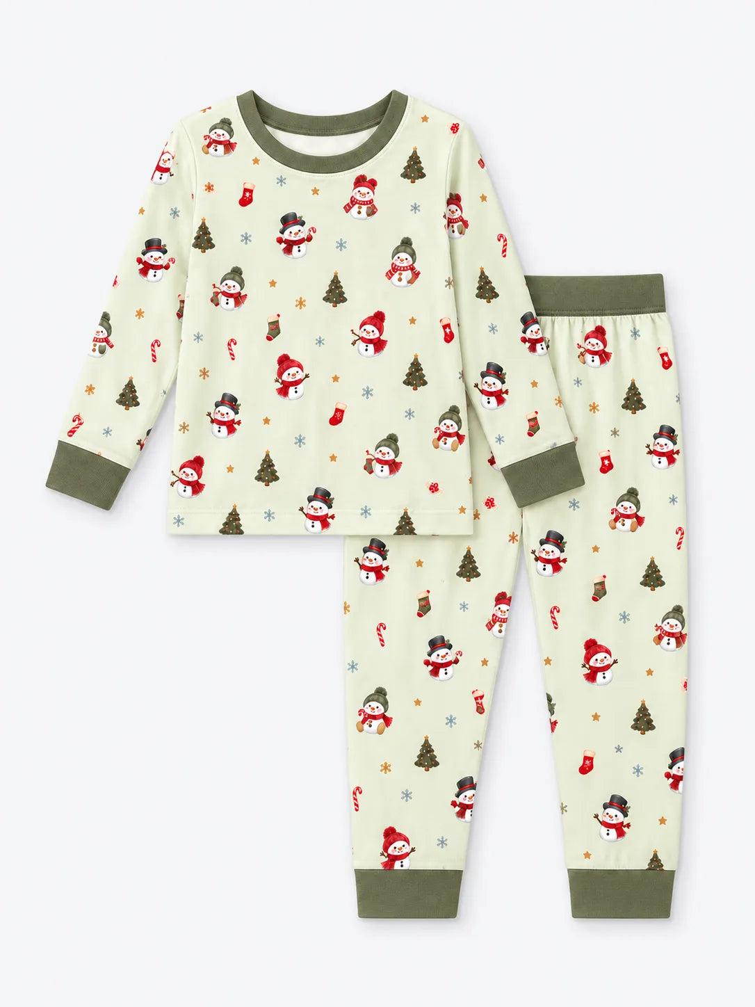 Mossibaby Christmas Snowman pale green bamboo long sleeve pajama set with olive green trim with snowmen, trees and candy canes