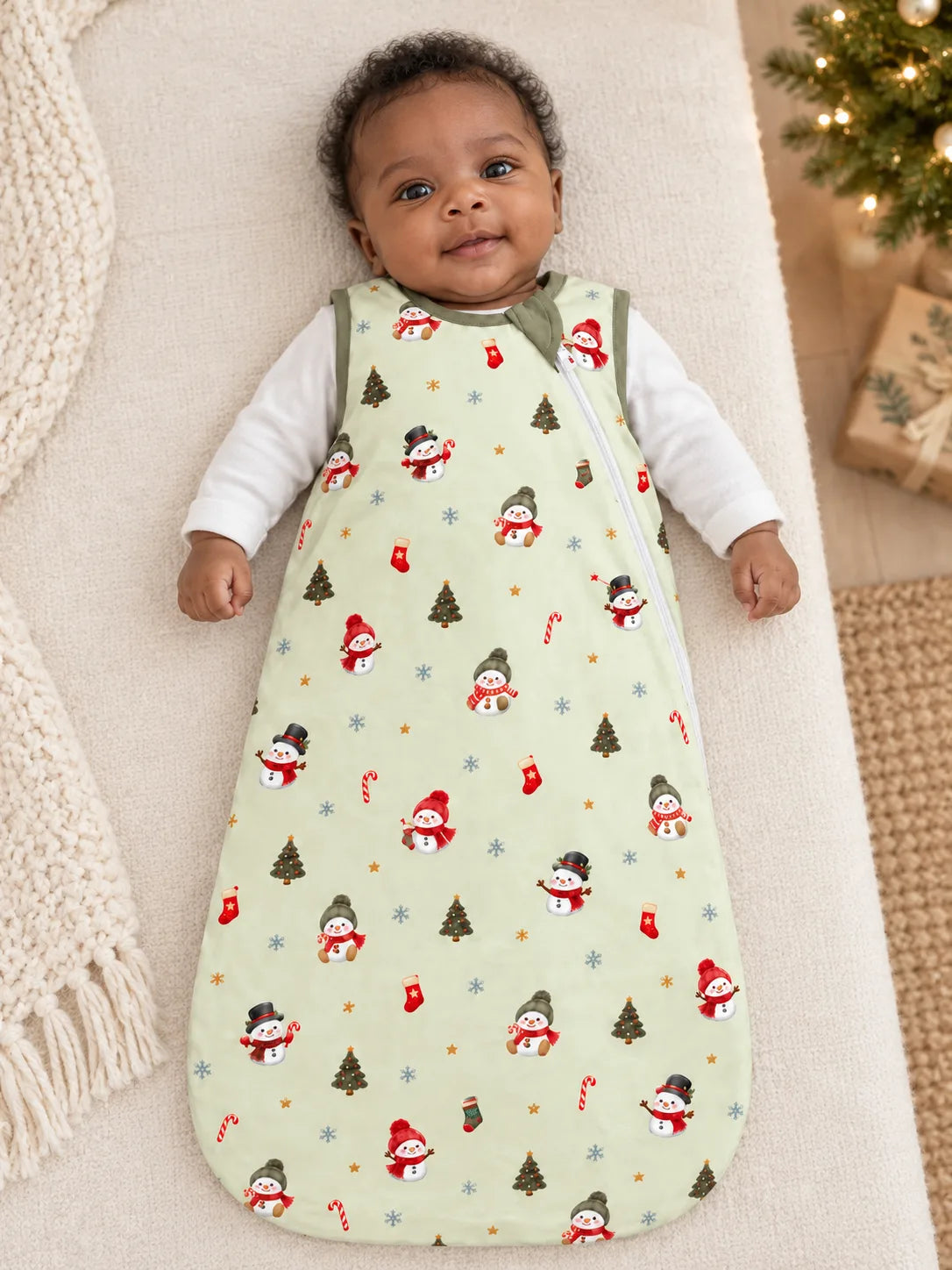 Baby lying awake on a rug at home wearing Mossibaby Christmas Snowman pale green bamboo sleep bag with olive green trim