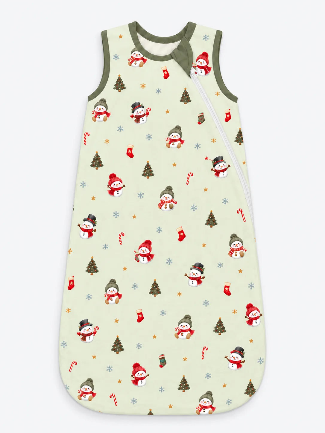 Mossibaby Christmas Snowman pale green bamboo sleep bag with olive green trim with snowmen, trees and candy canes