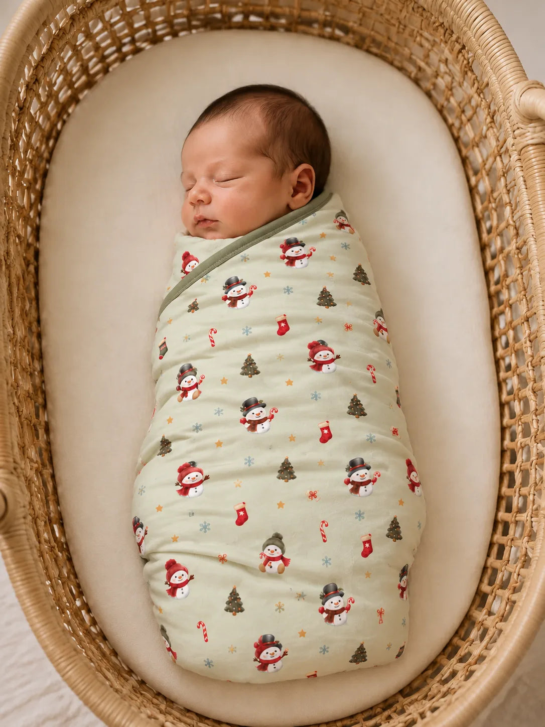 Sleeping newborn swaddled in Mossibaby Christmas Snowman pale green bamboo baby blanket with olive trim in a woven rattan basket