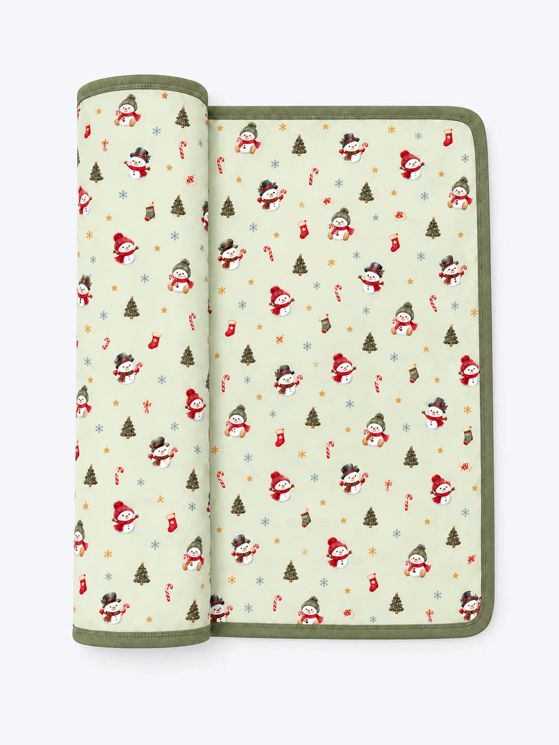 Mossibaby Christmas Snowman pale green bamboo baby blanket with olive green trim with snowmen, trees and candy canes