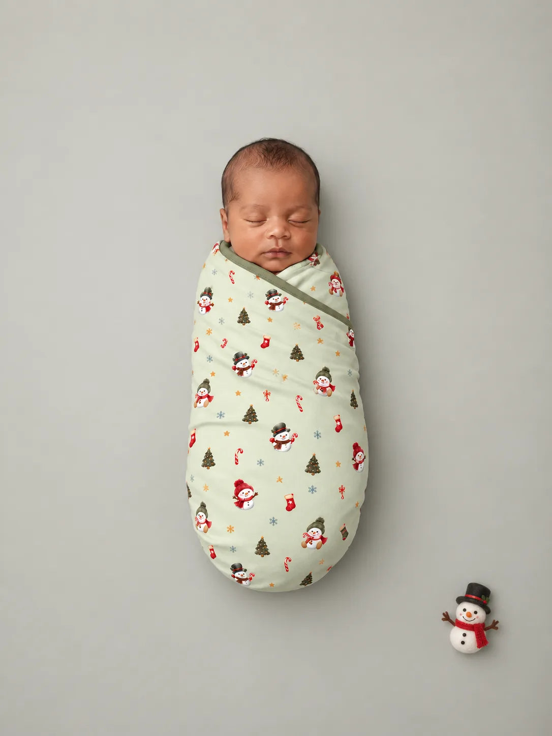 Sleeping newborn swaddled in Mossibaby Christmas Snowman pale green bamboo baby blanket with olive trim on a grey studio background