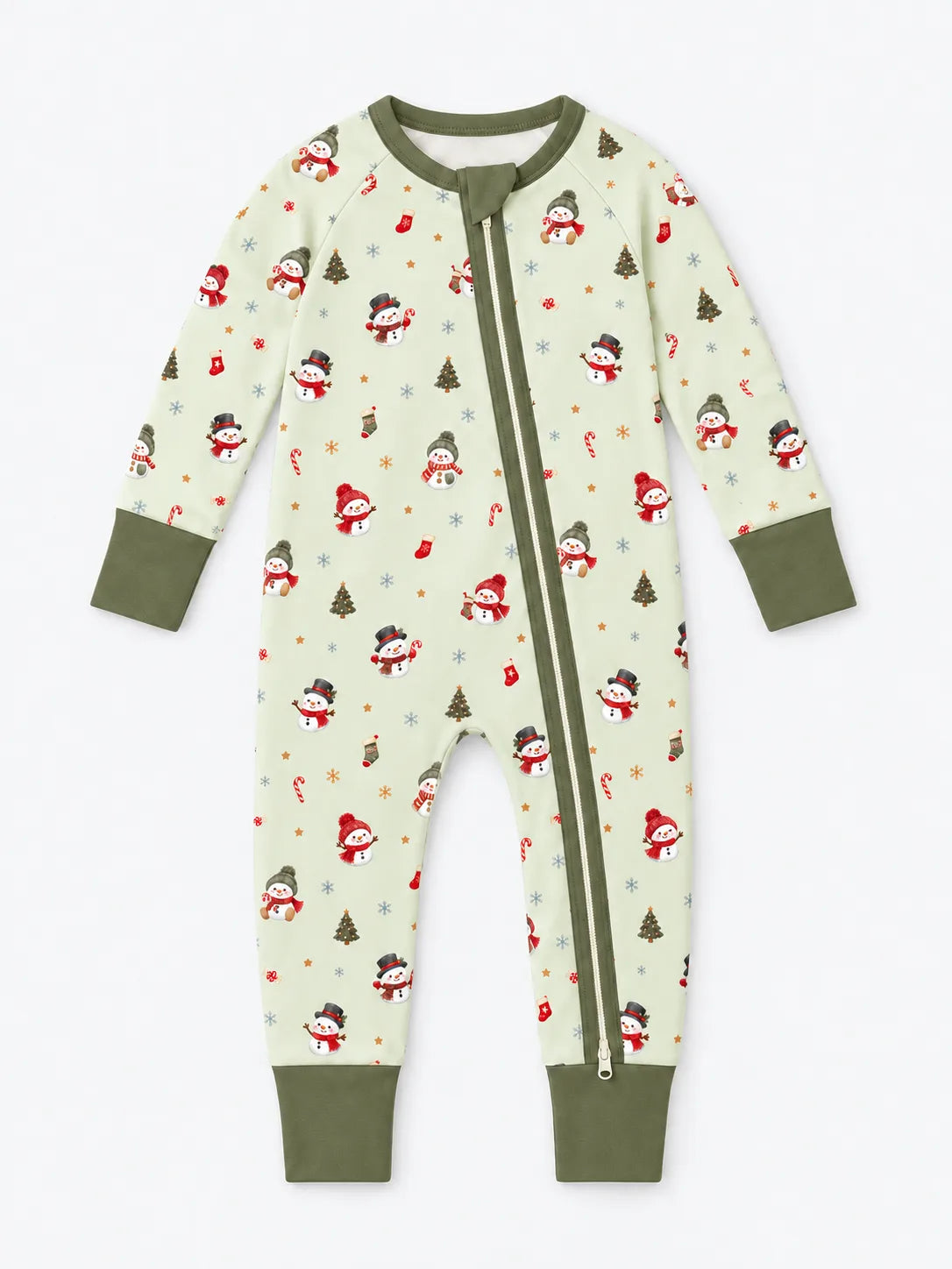 Mossibaby Christmas Snowman pale green bamboo zipper romper with olive green trim with snowmen, trees and candy canes