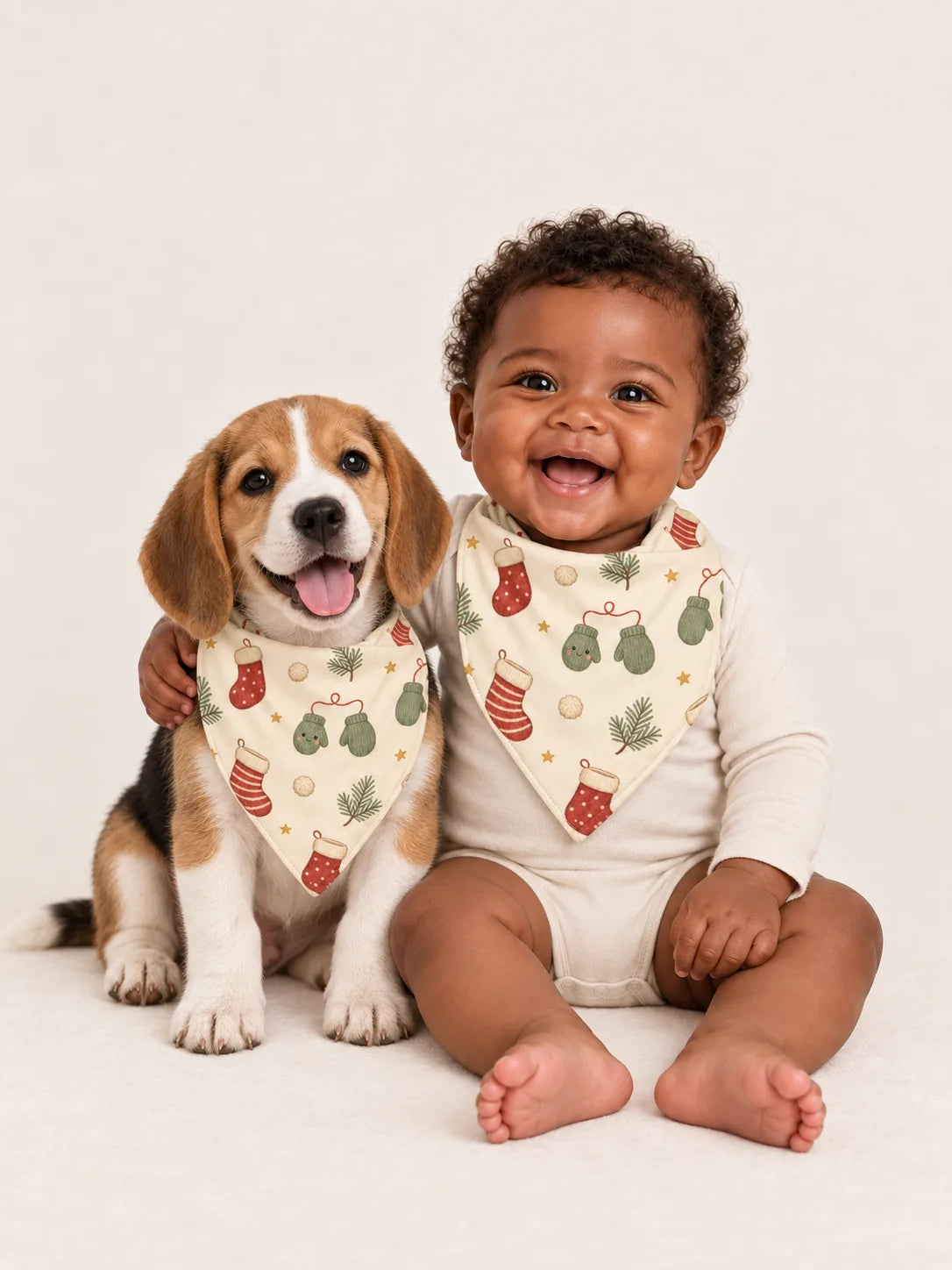 Baby and Beagle puppy wearing matching MossiBaby Christmas Stockings bandana bibs
