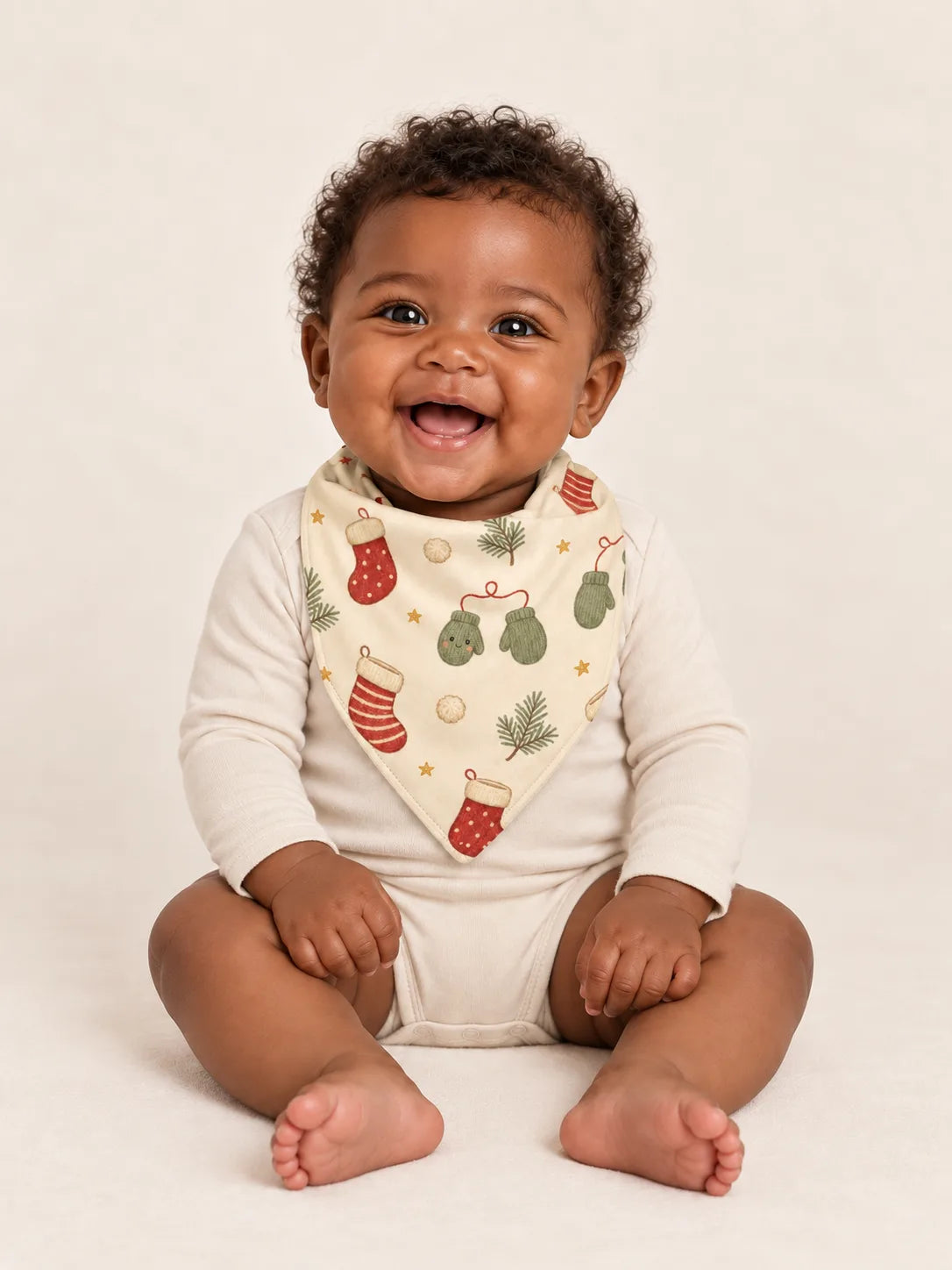 Baby wearing the MossiBaby Christmas Stockings bandana bib with an ivory long-sleeve bodysuit