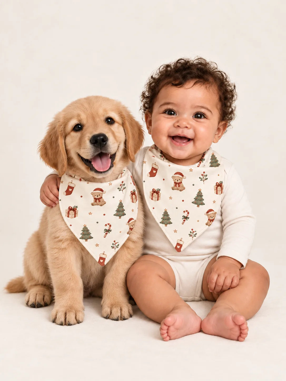 Baby and Labrador Retriever puppy wearing matching MossiBaby Christmas Teddy bandana bibs