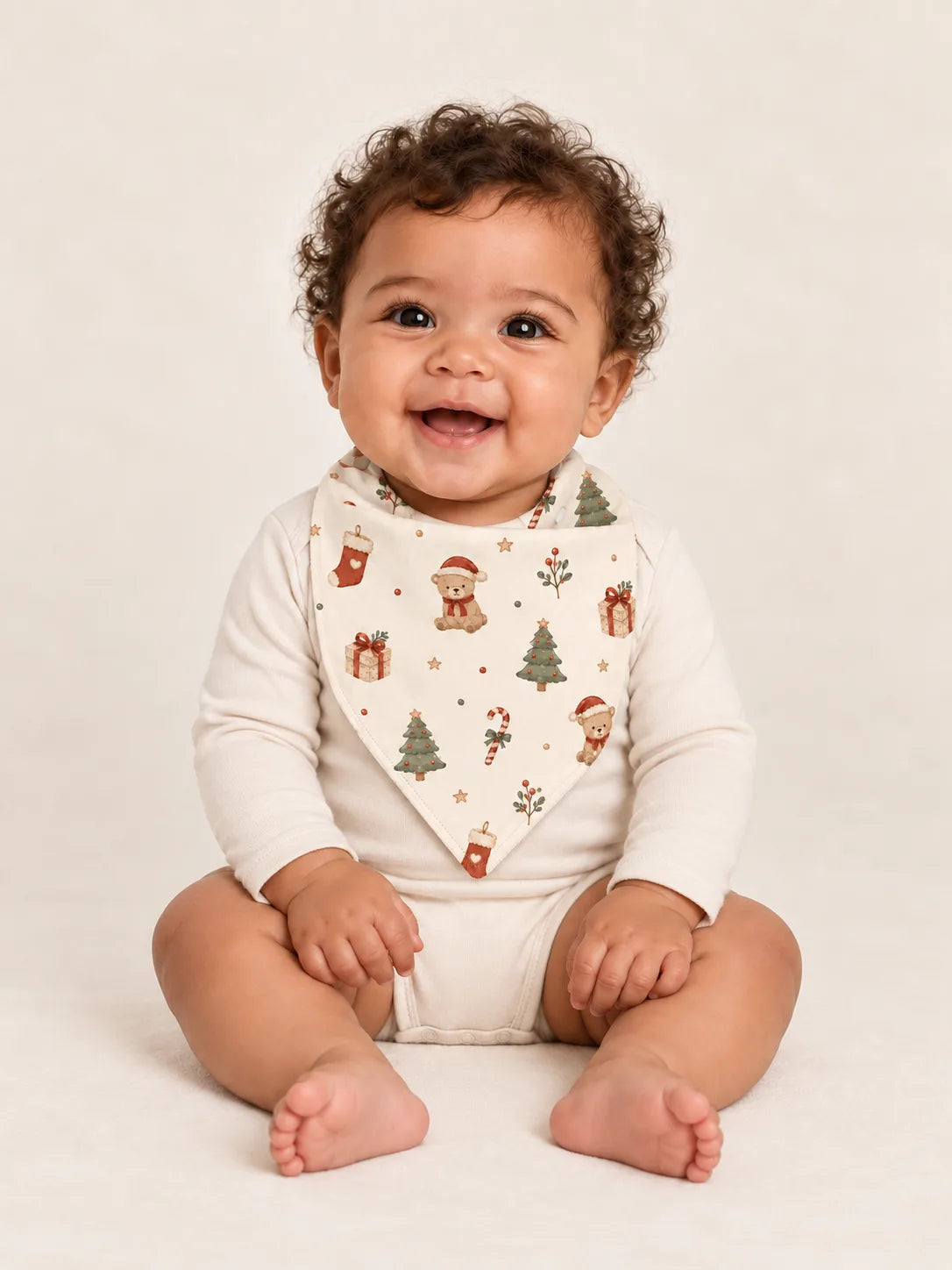 Baby wearing the MossiBaby Christmas Teddy bandana bib with an ivory long-sleeve bodysuit