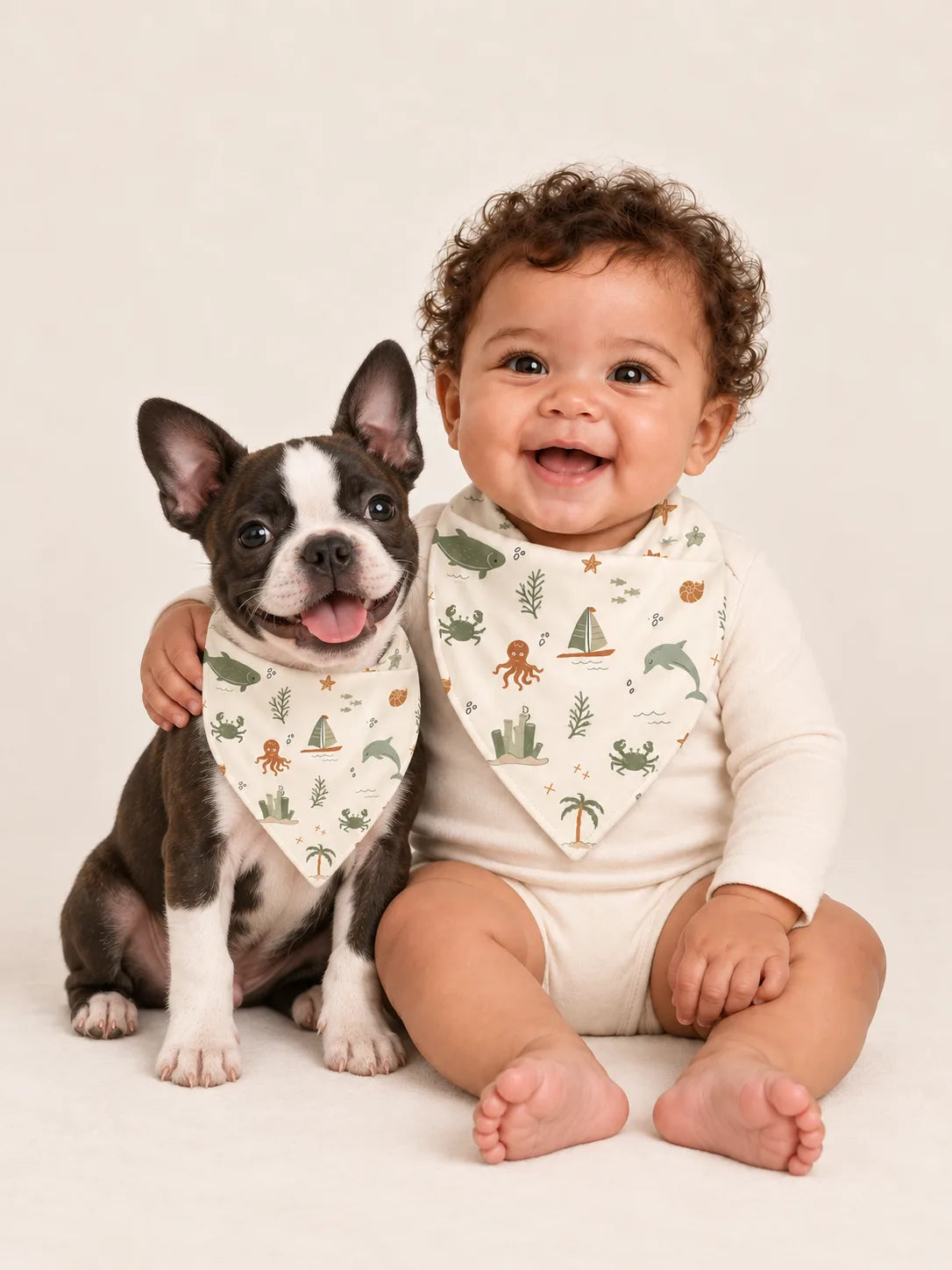 Baby and Boston Terrier puppy wearing matching MossiBaby Coastal Friends bandana bibs