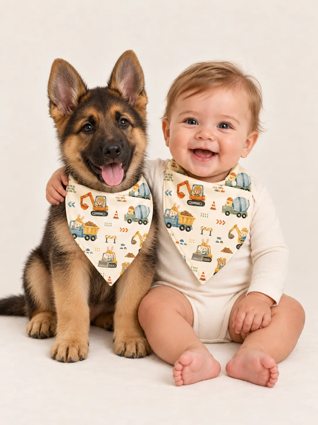 Baby and German Shepherd puppy wearing matching MossiBaby Construction Crew bandana 