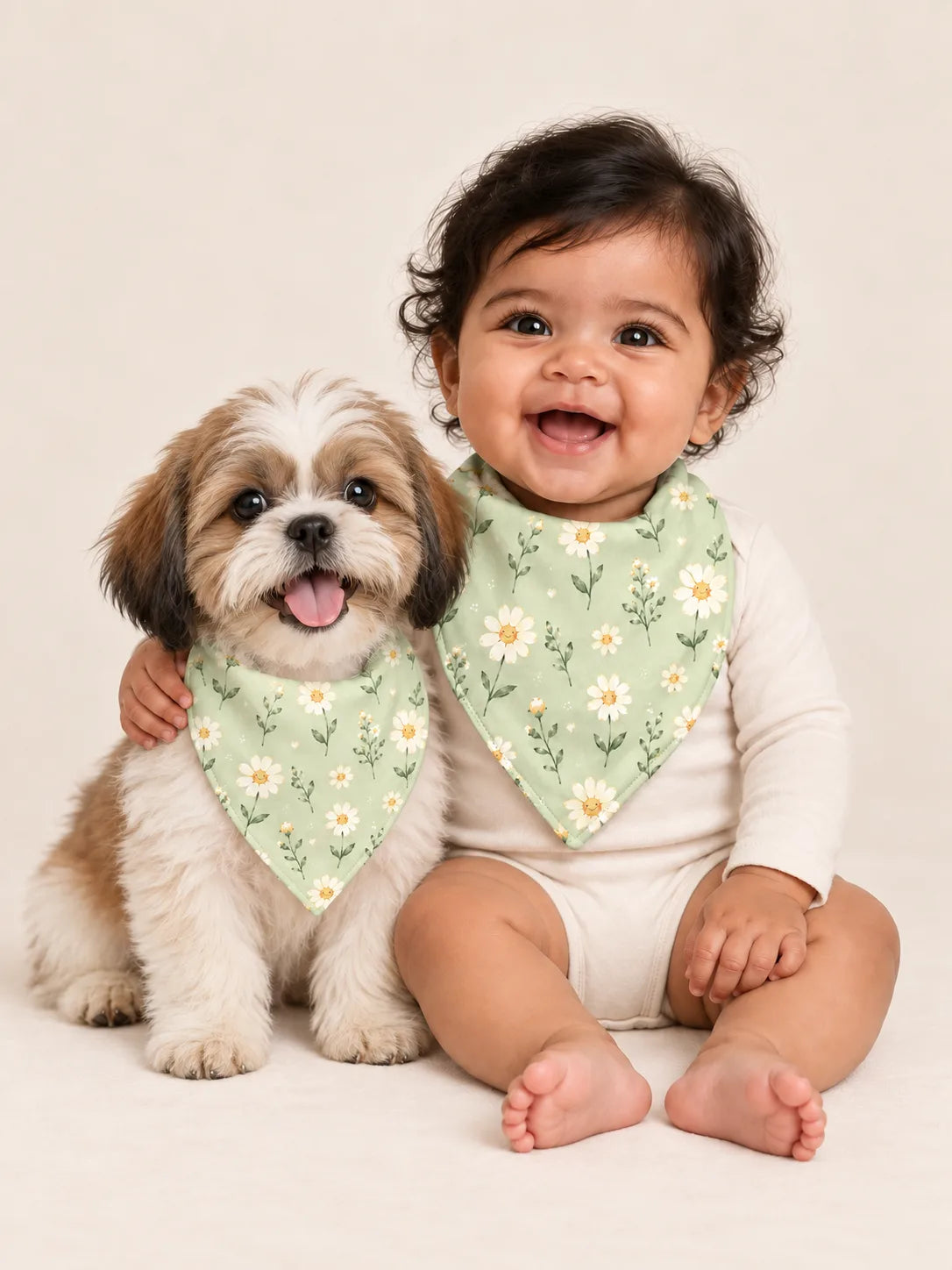 Baby and Shih Tzu puppy wearing matching MossiBaby Daisy Meadow bandana bibs