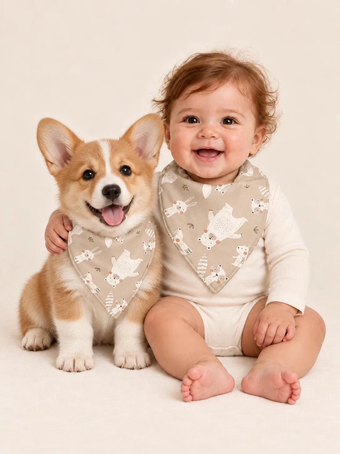 Baby and Pembroke Welsh Corgi puppy wearing matching MossiBaby Fox Meadow bandana bibs