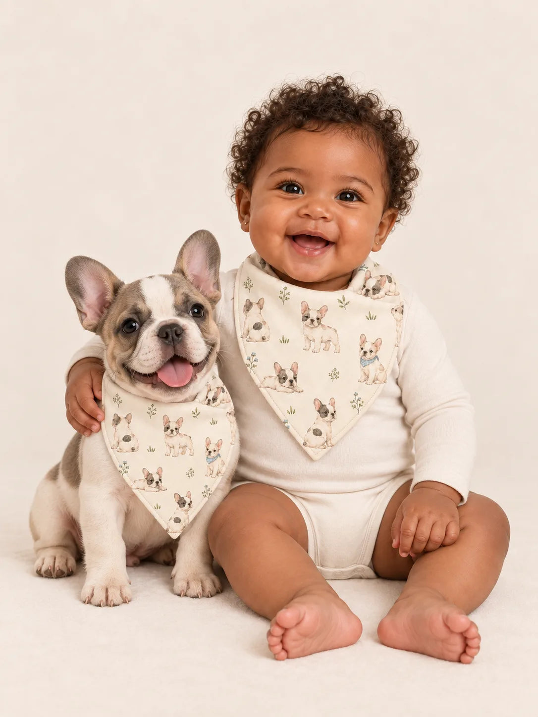 Baby and French Bulldog puppy wearing matching MossiBaby Frenchie Friends bandana bibs
