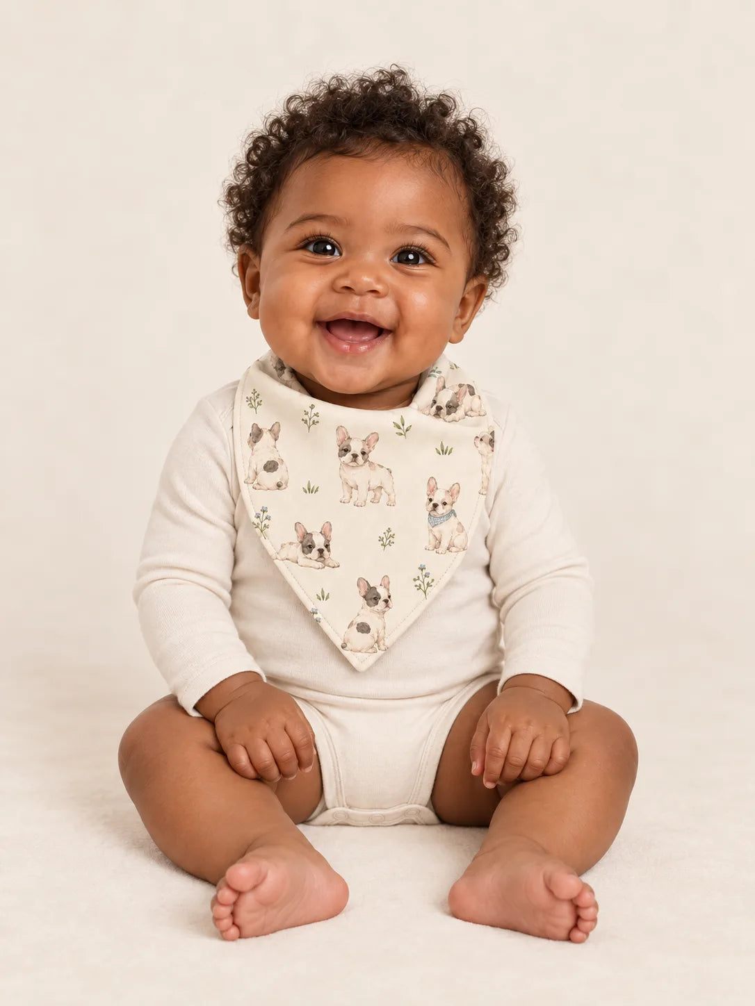 Baby wearing the MossiBaby Frenchie Friends bandana bib with an ivory long-sleeve bodysuit