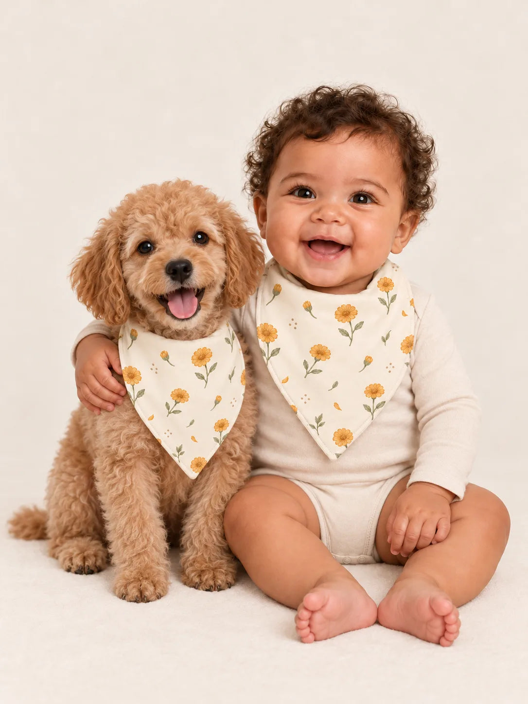 Baby and Miniature Poodle puppy wearing matching MossiBaby Golden Bloom bandana bibs