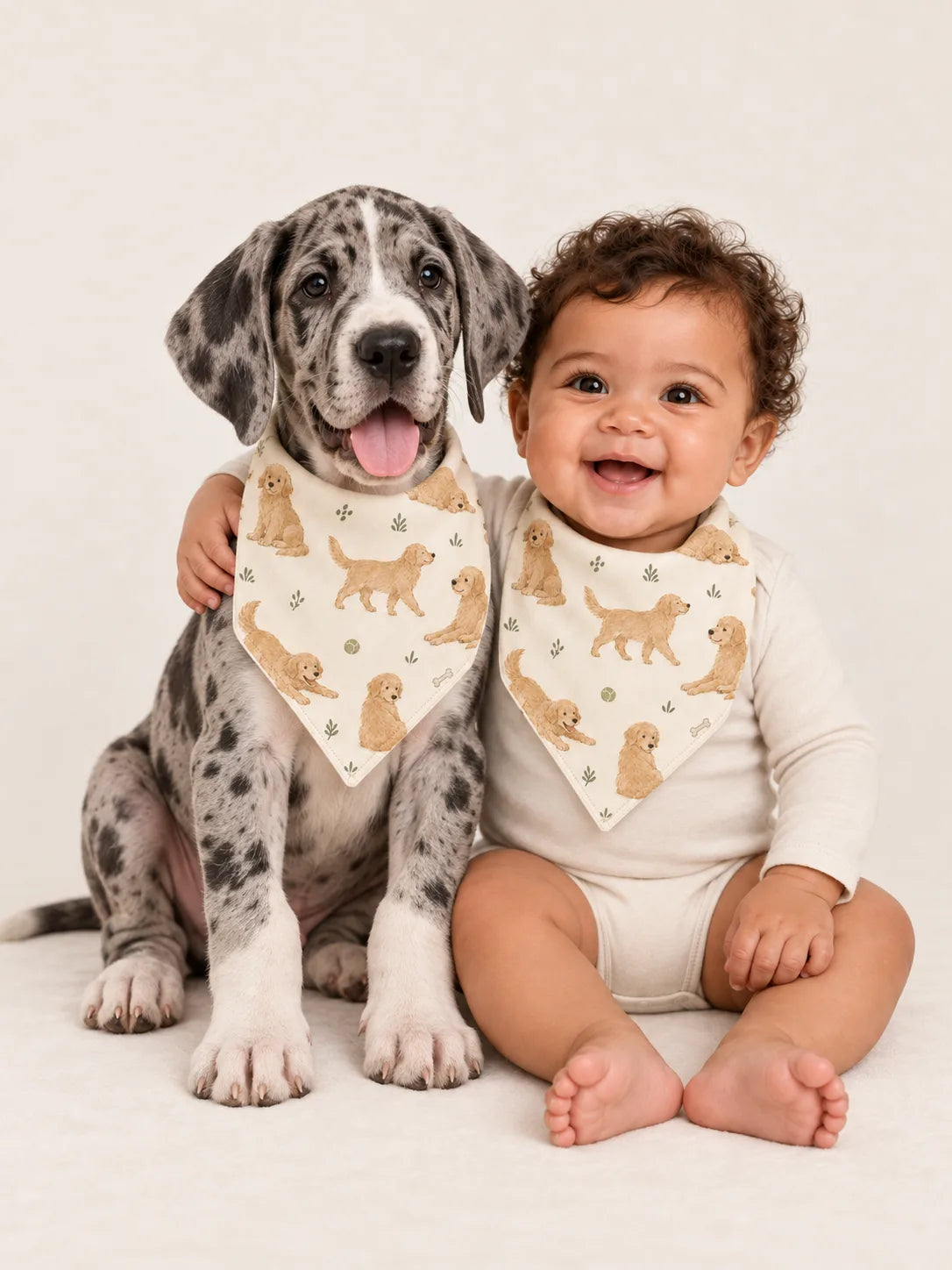 Baby and Great Dane puppy wearing matching MossiBaby Golden Days bandana bibs