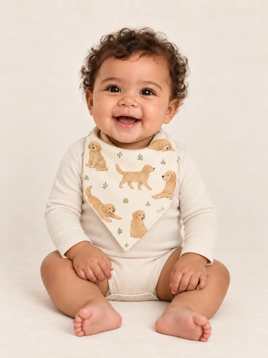 Baby wearing the MossiBaby Golden Days bandana bib with an ivory long-sleeve bodysuit