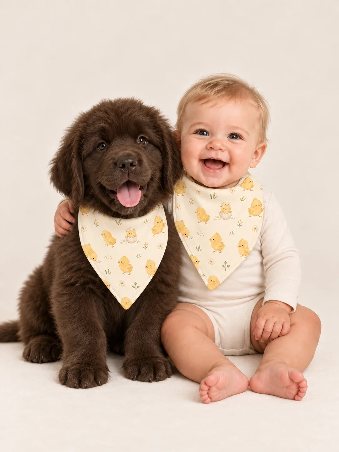 Baby and Newfoundland puppy wearing matching MossiBaby Little Chicks bandana bibs