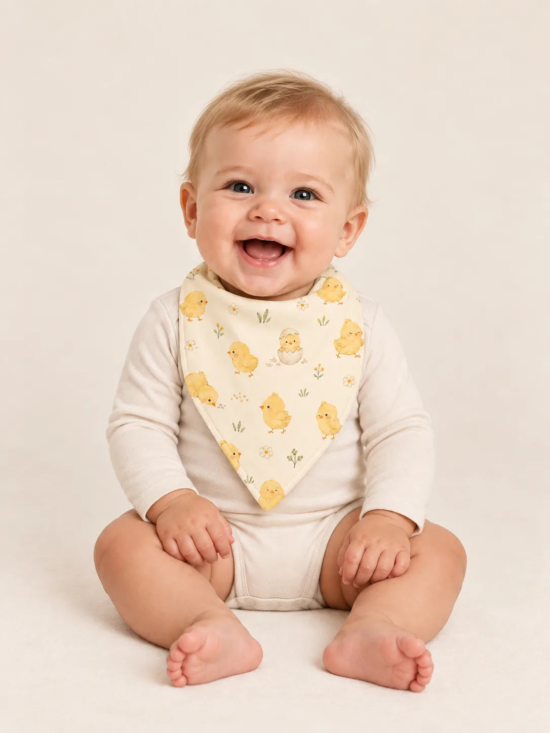 Baby wearing the MossiBaby Little Chicks bandana bib with an ivory long-sleeve bodysuit