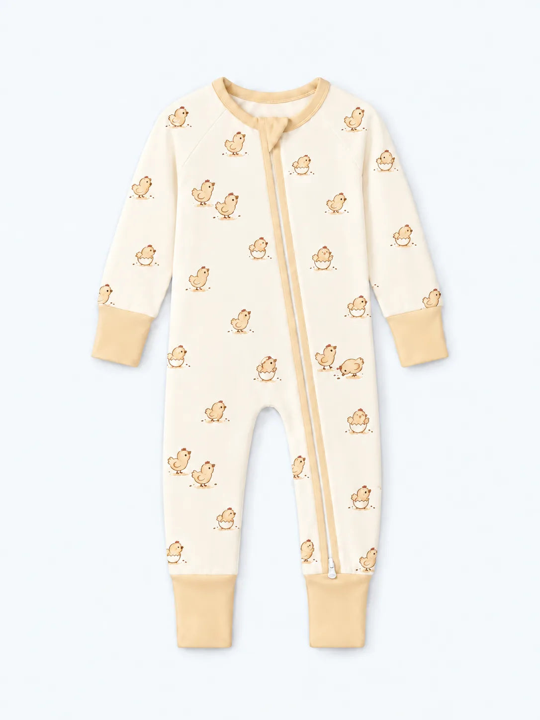 Little Hatchlings Long Zipper Romper flat-lay view showing small watercolor chicks and cream fabric.