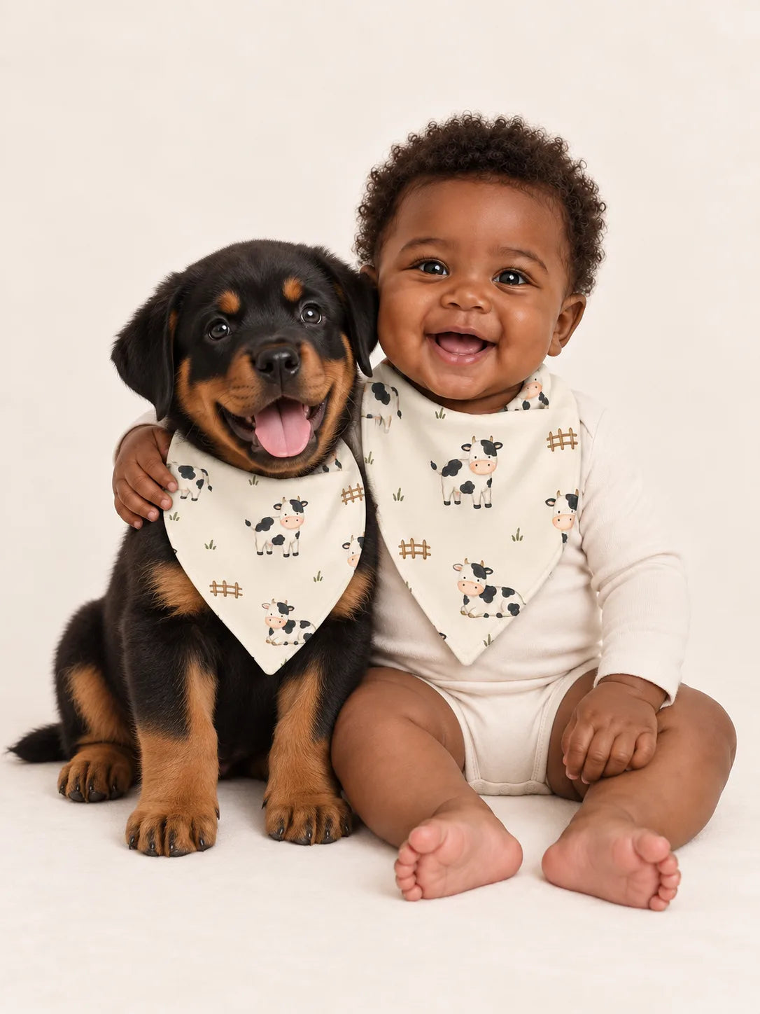 Baby and Rottweiler puppy wearing matching MossiBaby Little Moo bandana bibs