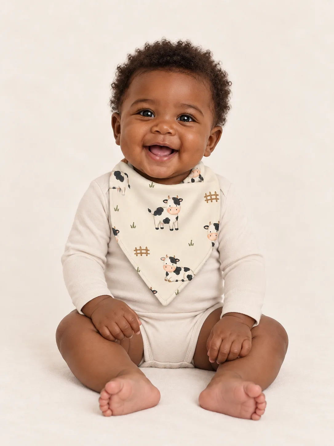 Baby wearing the MossiBaby Little Moo bandana bib with an ivory long-sleeve bodysuit