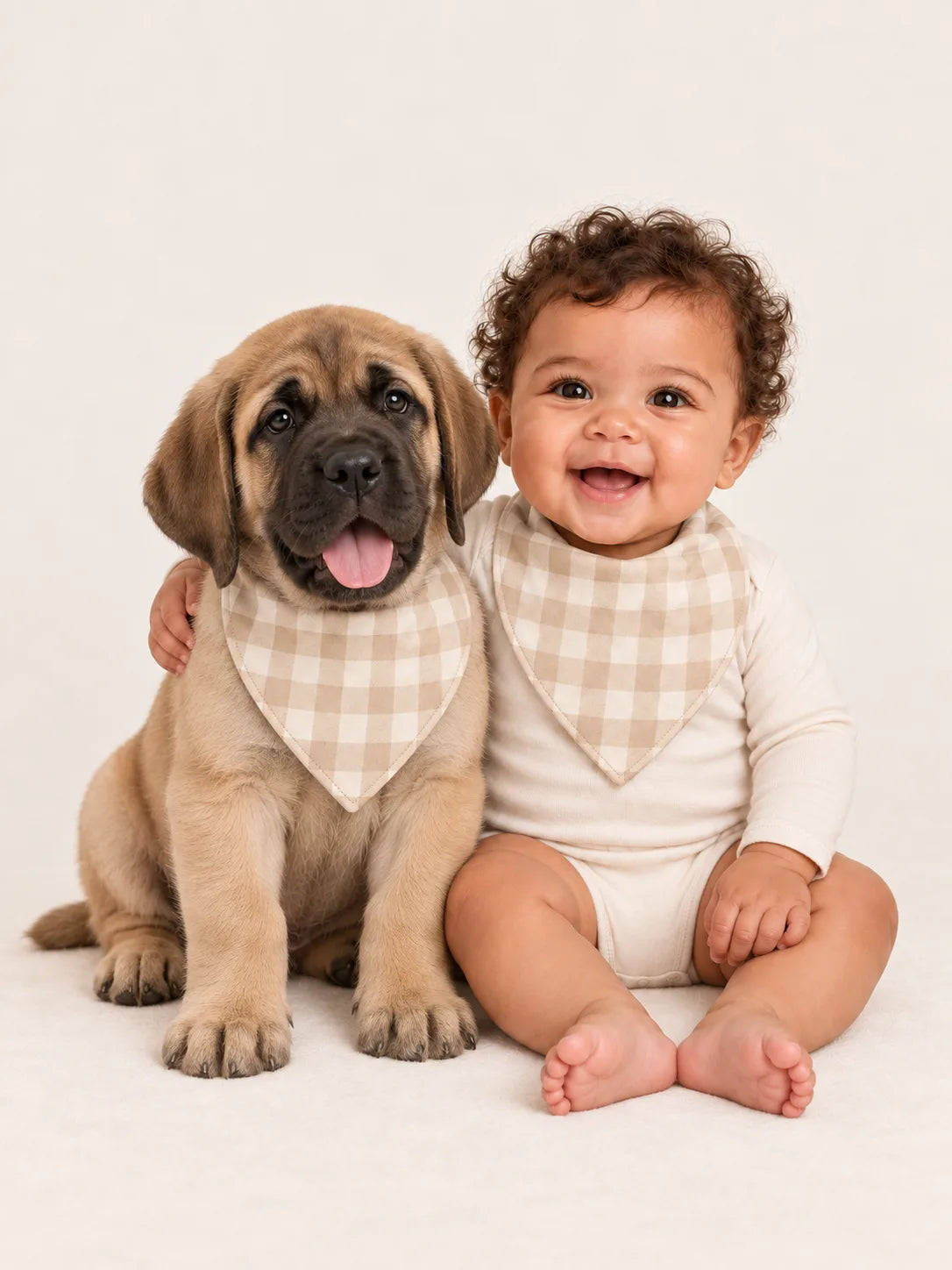 Baby and English Mastiff puppy wearing matching MossiBaby Oat Gingham bandana bibs