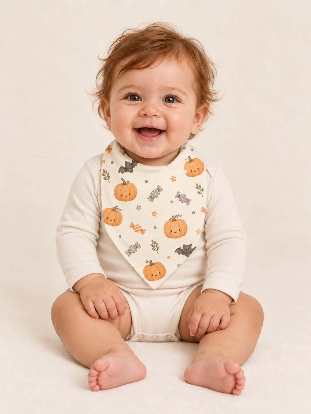 Baby wearing the MossiBaby Pumpkin Treats bandana bib with an ivory long-sleeve bodysuit