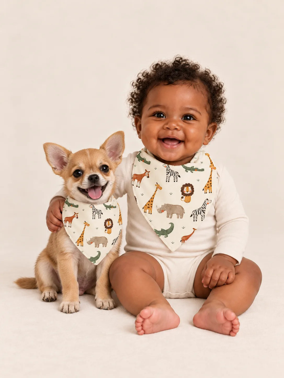 Baby and Chihuahua puppy wearing matching MossiBaby Safari Friends bandana bibs