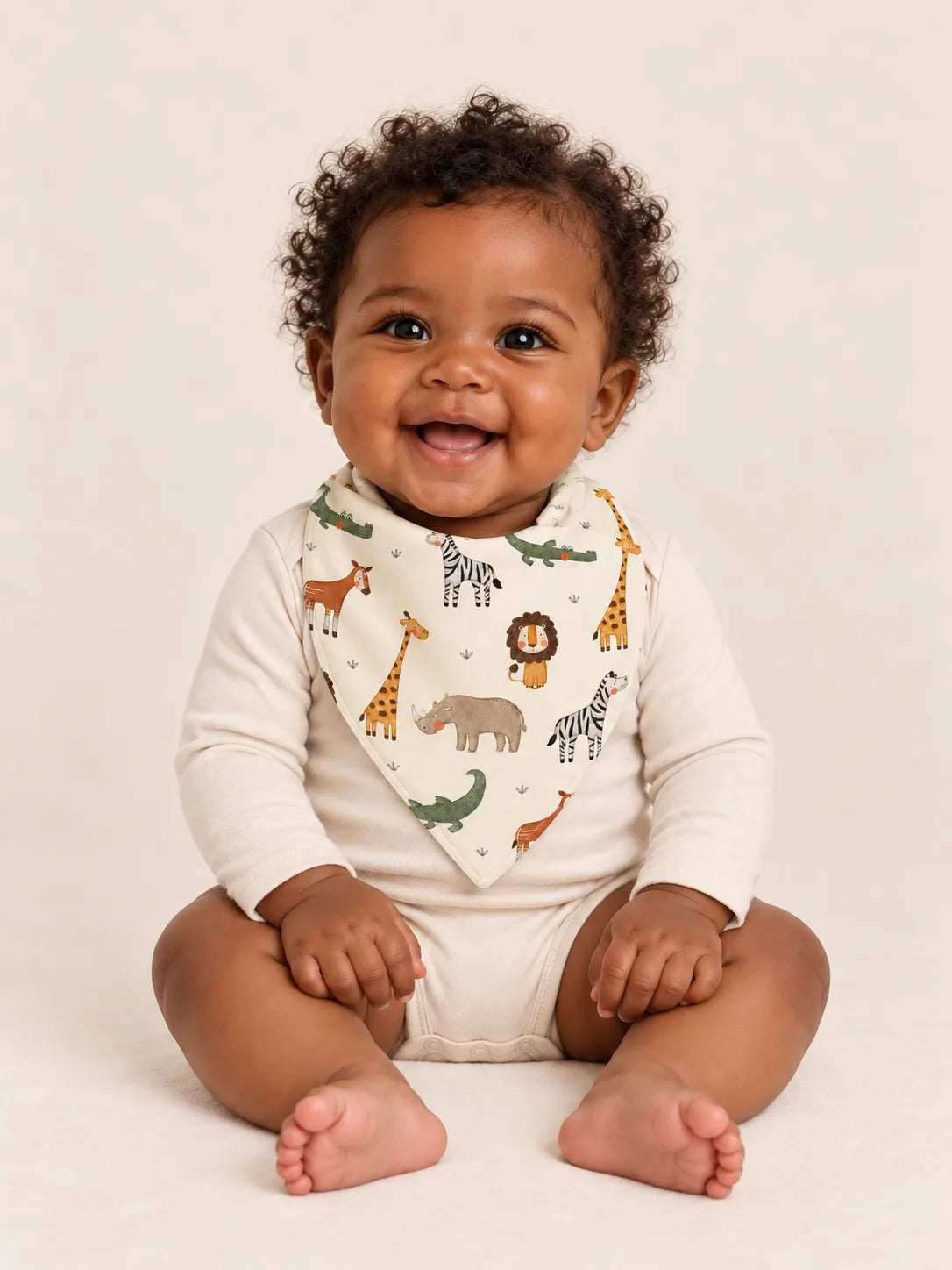 Baby wearing the MossiBaby Safari Friends bandana bib with an ivory long-sleeve bodysuit