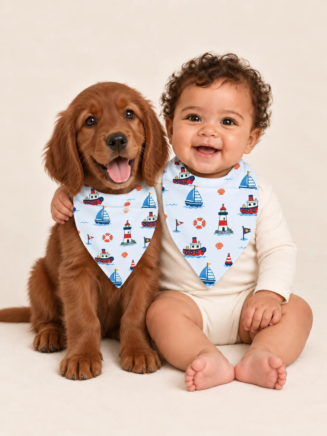 Baby and Irish Setter puppy wearing matching MossiBaby Sail Away bandana bibs