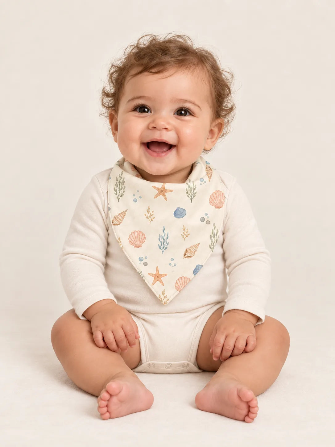 Baby wearing the MossiBaby Seaside Treasures bandana bib with an ivory long-sleeve bodysuit