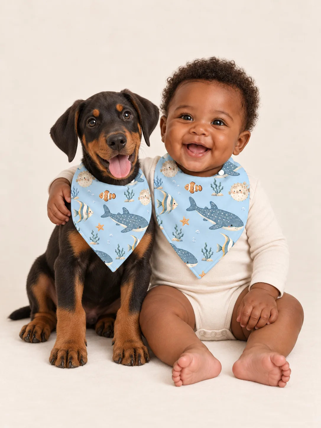 Baby and Doberman Pinscher puppy wearing matching MossiBaby Shark Cove bandana bibs