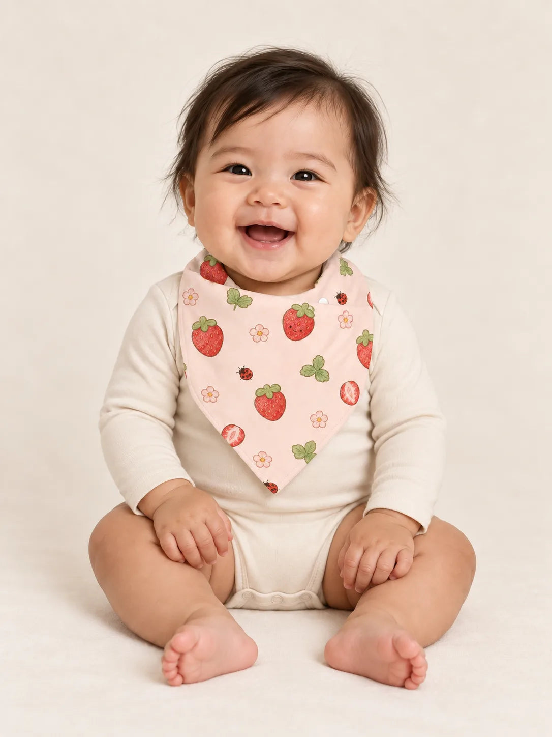 Baby wearing the MossiBaby Strawberry Fields bandana bib with an ivory long-sleeve bodysuit
