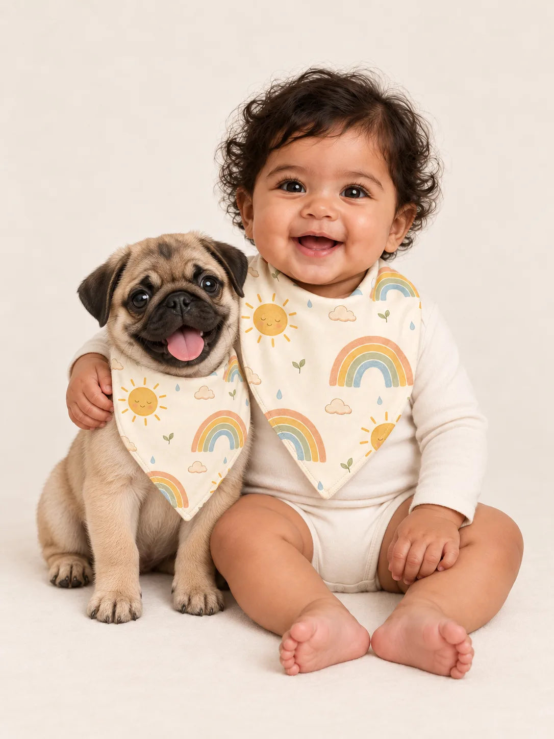 Baby and Pug puppy wearing matching MossiBaby Sunny Skies bandana bibs