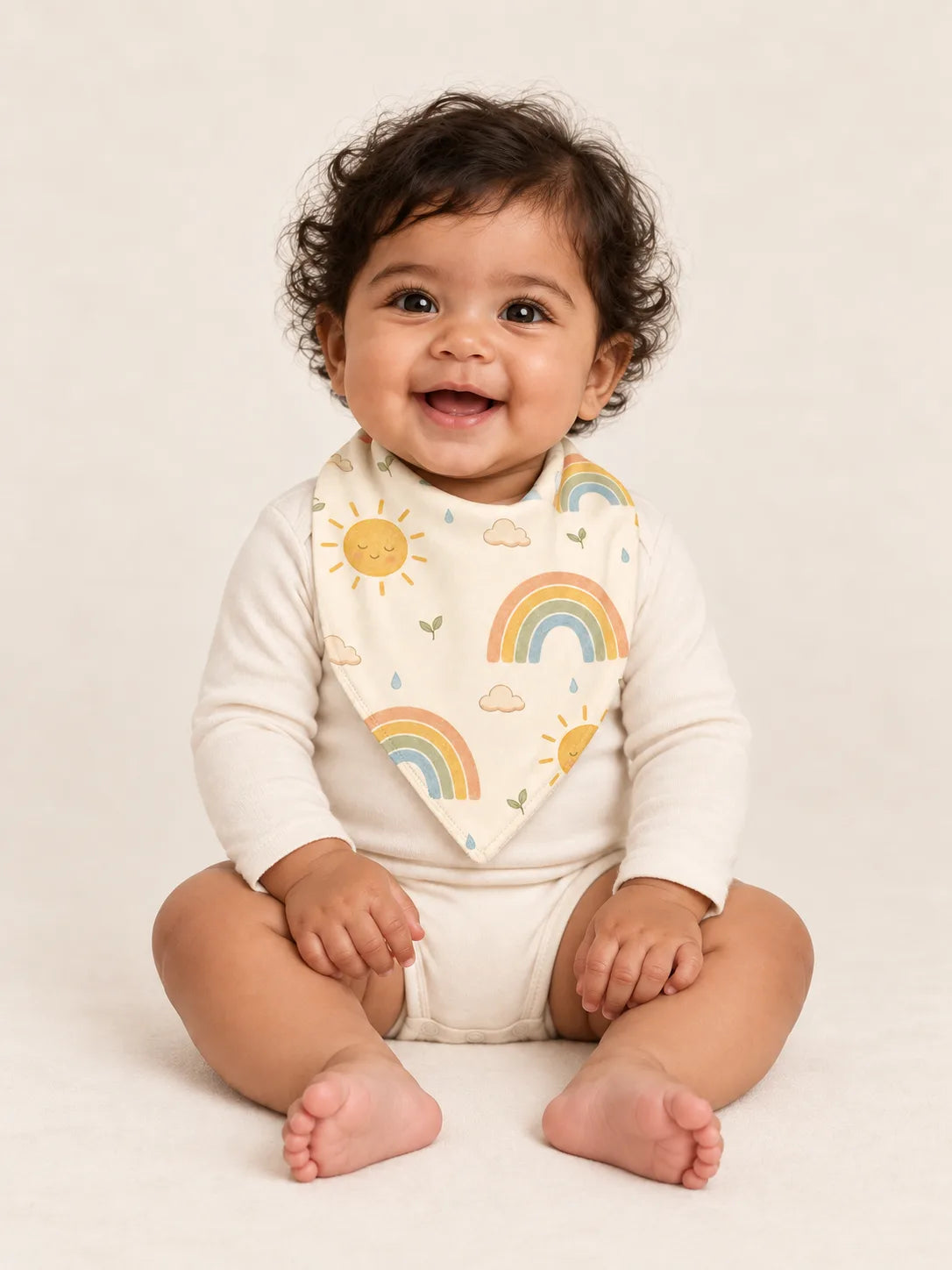 Baby wearing the MossiBaby Sunny Skies bandana bib with an ivory long-sleeve bodysuit