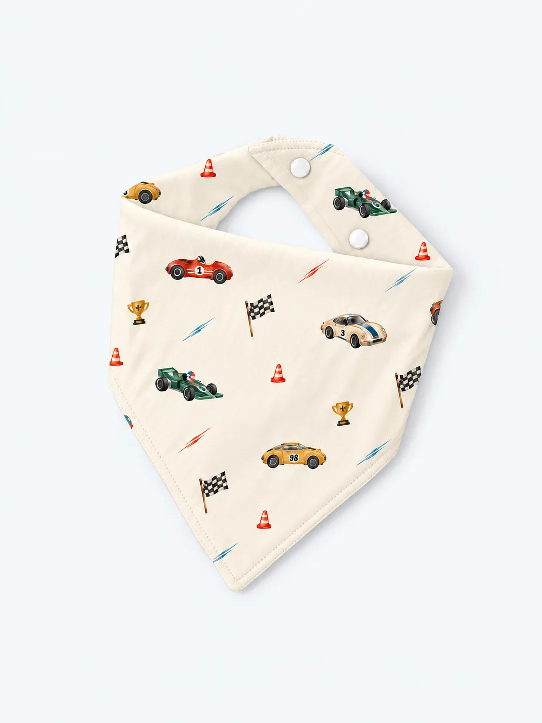 Vintage Racers triangular bamboo bandana bib with a cream race car print, front view.