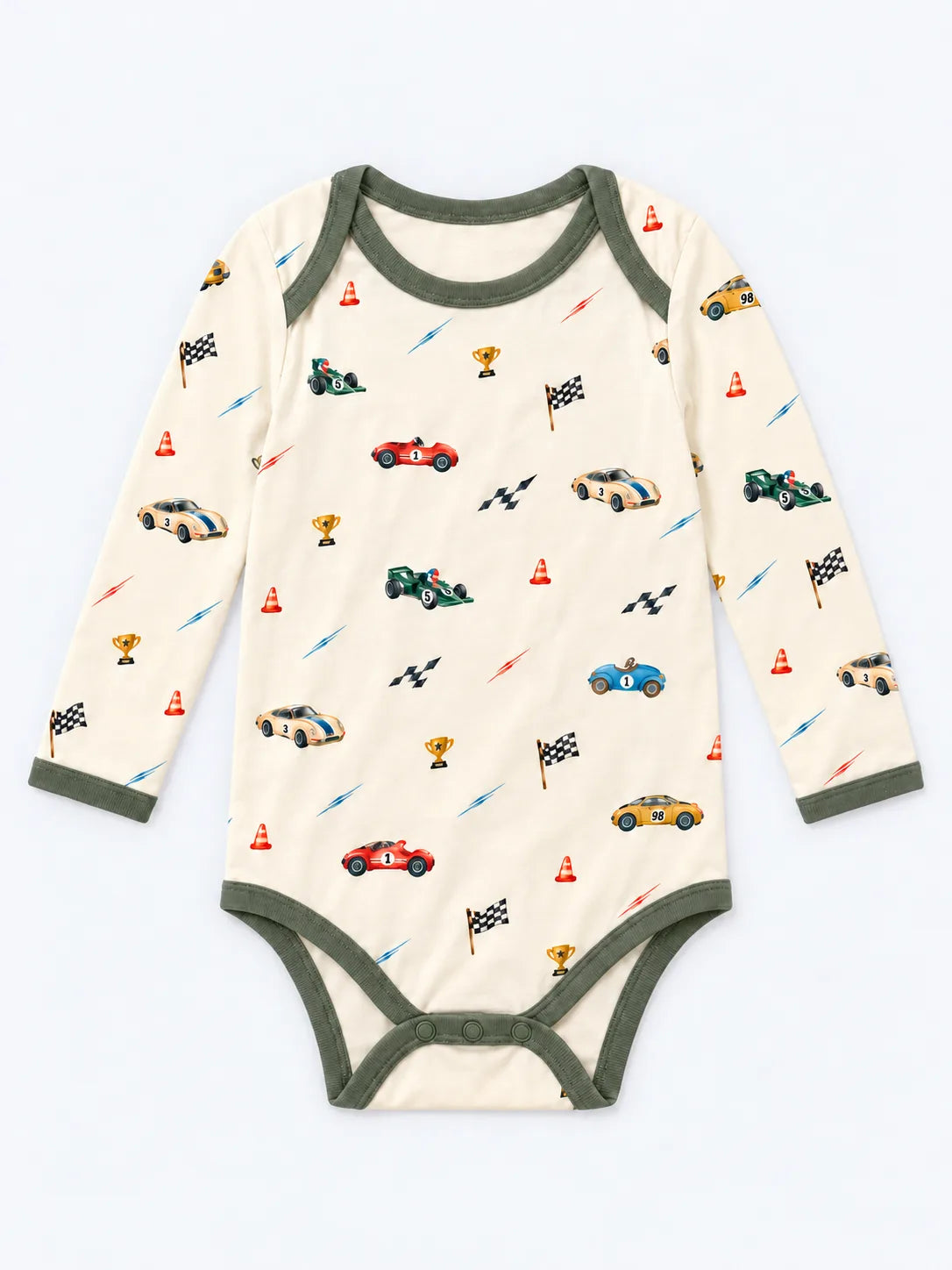 Vintage Racers bamboo long sleeve bodysuit with green binding, envelope shoulders and crotch snaps.