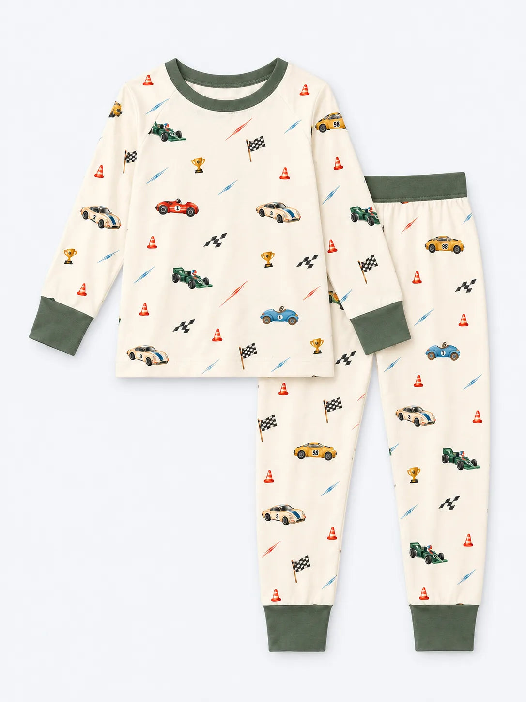 Vintage Racers bamboo long sleeve top and pants with a cream race car print and green cuffs, flat lay.