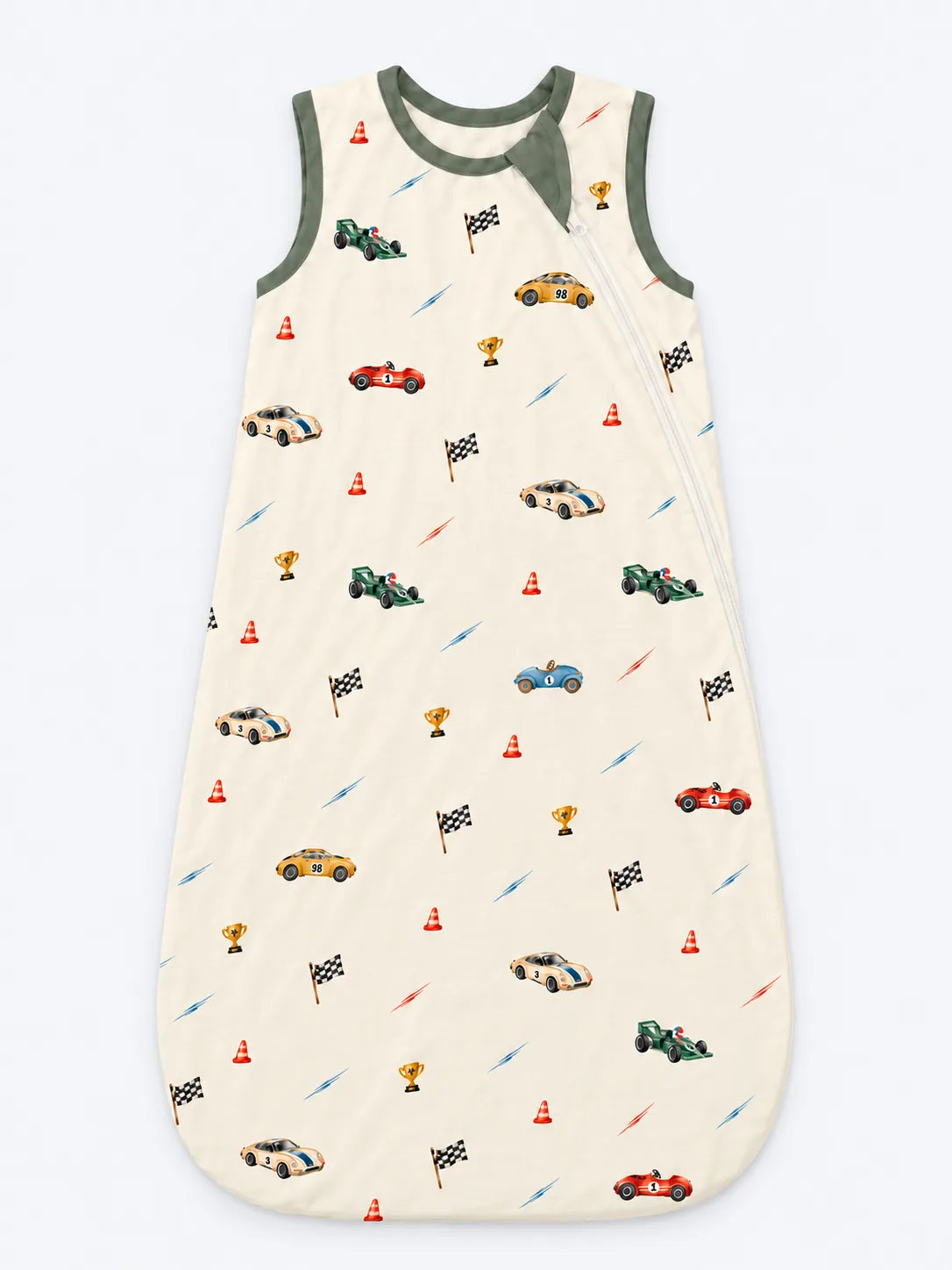 Vintage Racers sleeveless bamboo sleep bag with green binding and an ivory side zipper, front view.