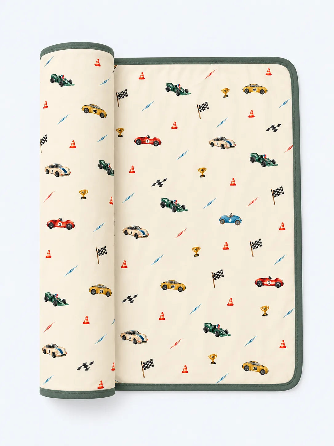 Vintage Racers cream bamboo baby blanket with a race car print and narrow green binding.