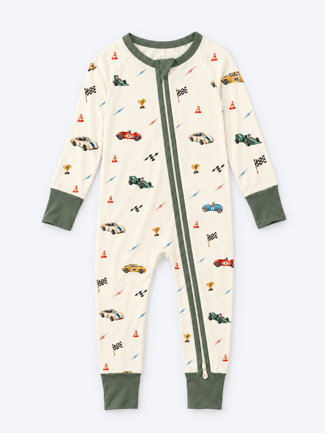 Vintage Racers bamboo zipper romper with a cream race car print and green cuffs, front view.
